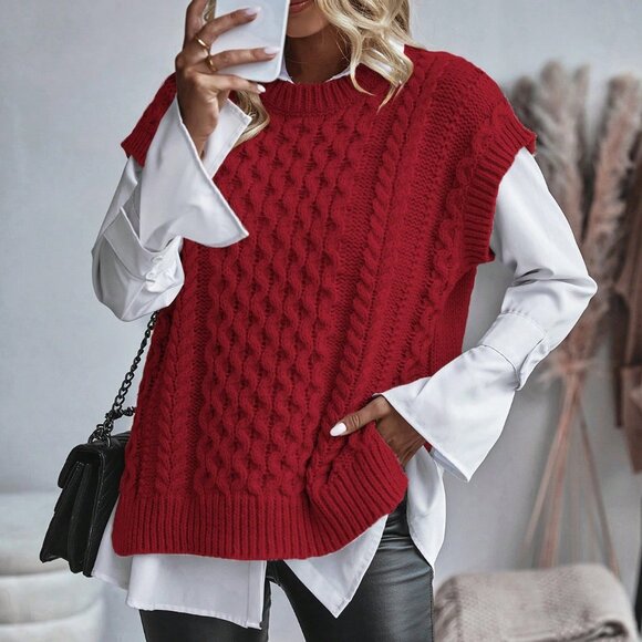 Red Casual Women's Round Neck Loose Knit Sweater Vest - Picture 3 of 6